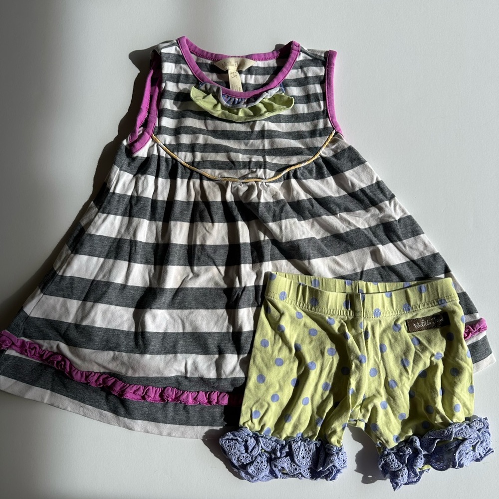 Matilda Jane size 2 dress + shorts bundle, striped dress and polka dot shorts